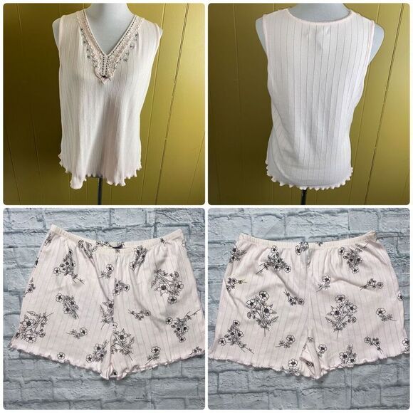 Liz Claiborne women M/L floral print tank top & shorts pajama set light pink - Picture 1 of 13